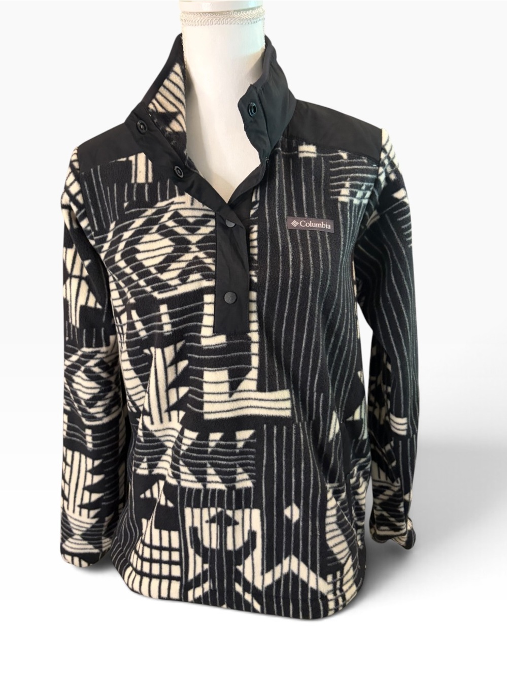 Columbia Fleece Pullover Women’s Medium Black Cream Geometric Snap Neck